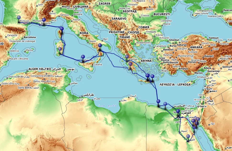 Carte du rallye aérien entre Toulouse, la Méditerranée et l’Égypte