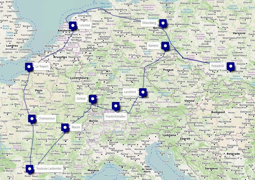 Carte de l’itinéraire du Rallye Aéro France 2025 entre Toulouse, l’Allemagne, la Pologne et les Pays-Bas